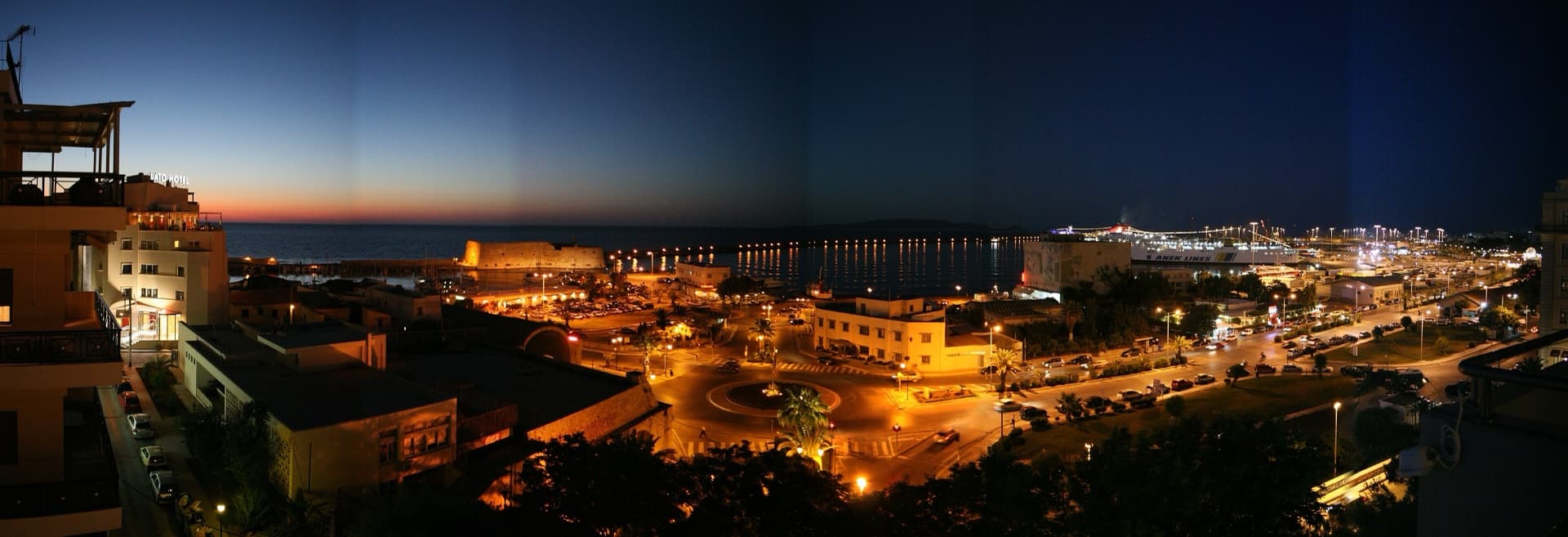 Heraklion's old harbour and Venetian fortress after sunset