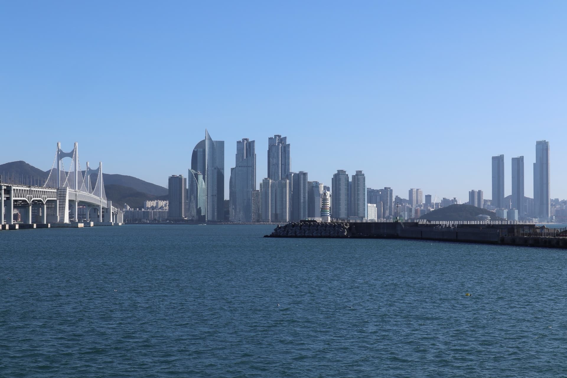 Busan skyline, Gwangan Bridge and Marine City across the water