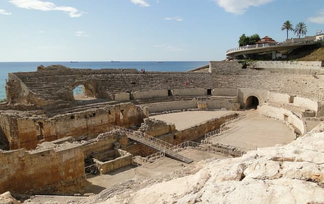The Roman amphitheatre above the Mediterranean in Tarragona, Spain
