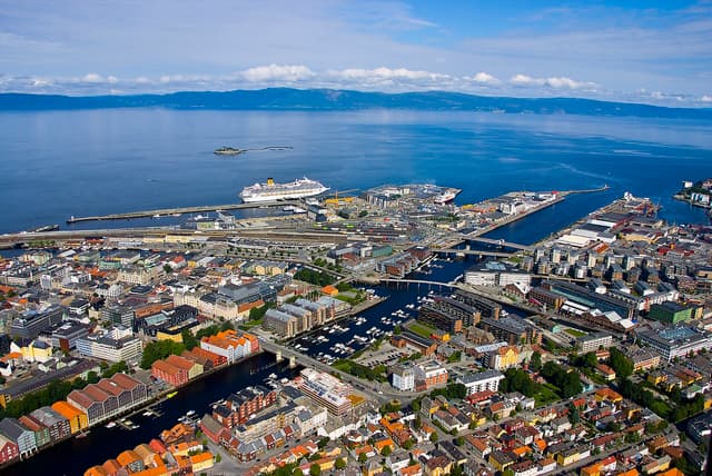 Nidaros Cathedral and the old wharf district in Trondheim, Norway